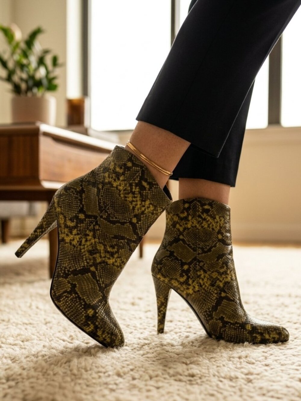 LPA Booties Snake-Print Women's Size 6 Green High-Heel Ankle Boots *like New*